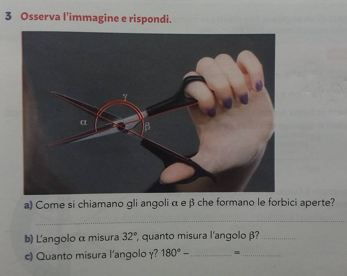 Osserva l’immagine e rispondi. 
a) Come si chiamano gli angoli αe β che formano le forbici aperte? 
_ 
b) L'angolo α misura 32° , quanto misura l'angolo β?_ 
c) Quanto misura l'angolo γ? 180°- _ 
_=