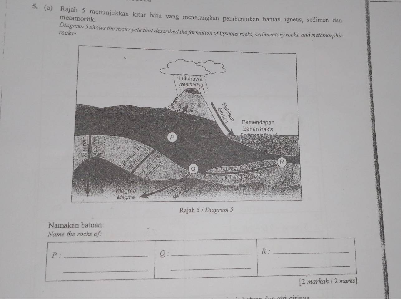 Rajah 5 menunjukkan kitar batu yang menerangkan pembentukan batuan igneus, sedimen dan 
metamorfik. 
Diagram 5 shows the rock cycle that described the formation of igneous rocks, sedimentary rocks, and metamorphic 
rocks." 
Rajah 5 / Diagram 5 
Namakan batuan: 
Name the rocks of: 
P : _Q:_ 
R :_ 
_ 
_ 
_ 
[2 markah / 2 marks]