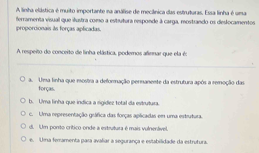 A linha elástica é muito importante na análise de mecânica das estruturas. Essa linha é uma
ferramenta visual que ilustra como a estrutura responde à carga, mostrando os deslocamentos
proporcionais às forças aplicadas.
A respeito do conceito de linha elástica, podemos afirmar que ela é:
a. Uma linha que mostra a deformação permanente da estrutura após a remoção das
forças.
b. Uma linha que indica a rigidez total da estrutura.
c. Uma representação gráfica das forças aplicadas em uma estrutura.
d. Um ponto crítico onde a estrutura é mais vulnerável.
e. Uma ferramenta para avaliar a segurança e estabilidade da estrutura.