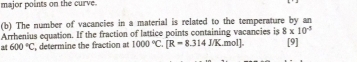 major points on the curve. 
(b) The number of vacancies in a material is related to the temperature by an 
Arrhenius equation. If the fraction of lattice points containing vacancies is 8* 10^(-5)
at 600°C , determine the fraction at 1000°C.[R=8.314]/K.mol] [9]