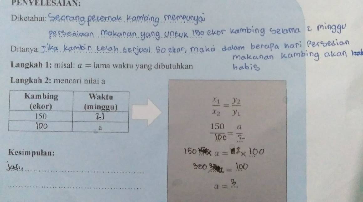 PENYELESAIAN: 
Diketahui: Seprang peternak, kambing. mem 
pe rbediaan .. Makanan,yang, untuk . 
Ditanya: Tika kambin Łelgh kerjual. ão skan m a k
Langkah 1: misal: a= lama waktu yang dibutuhkan 
Langkah 2: mencari nilai a
frac x_1x_2=frac y_2y_1

Kesimpulan: 
te_ 
_
a=