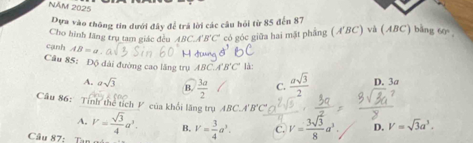 NĂM 2025
Dựa vào thông tin dưới đây để trã lời các cầu hỏi từ 85 đến 87
Cho hình lăng trụ tam giác đều ABC A'B'C' có góc giữa hai mặt phẳng (A'BC) vã (ABC) bằng 60°, 
cạnh AB=a
Câu 85: Độ đài đường cao lăng trụ ABC. A'B'C' là:
A. asqrt(3) B.  3a/2  C.  asqrt(3)/2  D. 3a
Câu 86: Tính thể tích V của khối lăng trụ ABC. A'B'C'
A. V= sqrt(3)/4 a^3. B. V= 3/4 a^3. C. V= 3sqrt(3)/8 a^3. D. V=sqrt(3)a^3. 
Câu 87: Tan