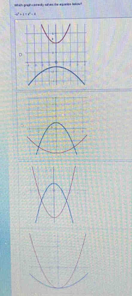 which greah correoly salves the equasios beloiv?
-x^2+1=x^2-4