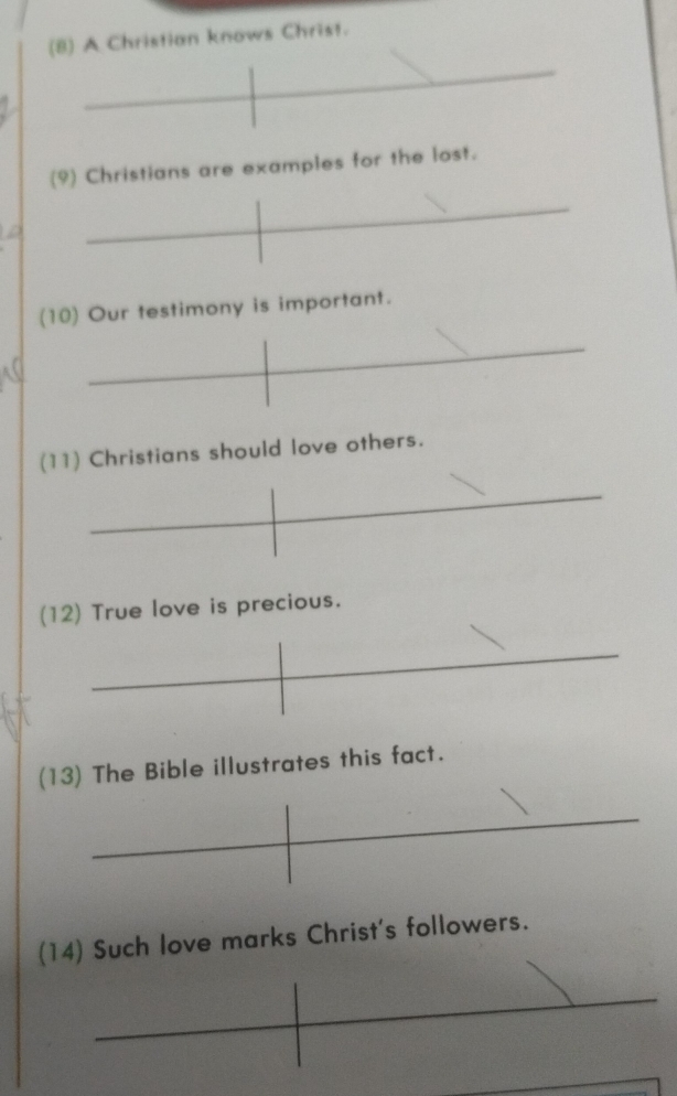 (8) A Christian knows Christ. 
(9) Christians are examples for the lost. 
(10) Our testimony is important. 
(11) Christians should love others. 
(12) True love is precious. 
(13) The Bible illustrates this fact. 
(14) Such love marks Christ's followers.