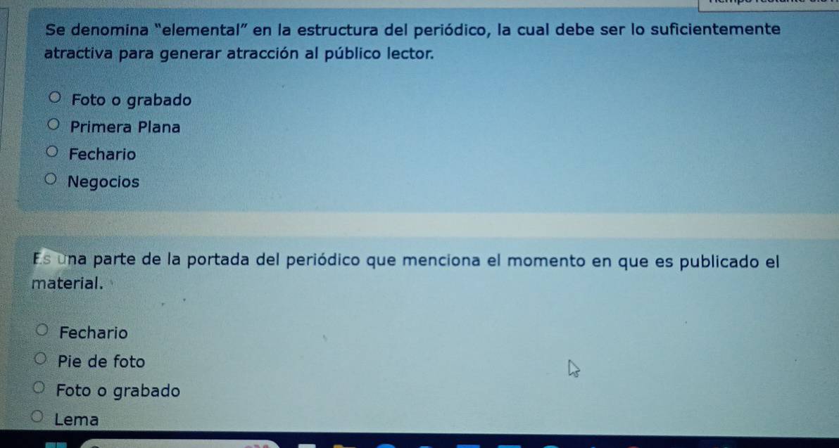 Se denomina “elemental” en la estructura del periódico, la cual debe ser lo suficientemente 
atractiva para generar atracción al público lector. 
Foto o grabado 
Primera Plana 
Fechario 
Negocios 
Es una parte de la portada del periódico que menciona el momento en que es publicado el 
material. 
Fechario 
Pie de foto 
Foto o grabado 
Lema