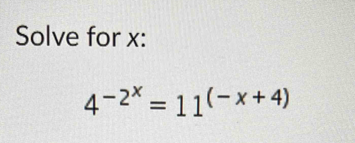 Solve for x :
4^(-2^x)=11^((-x+4))