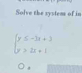 Solve the system of in
beginarrayl y≤ -3x+3 y>2x+1endarray..