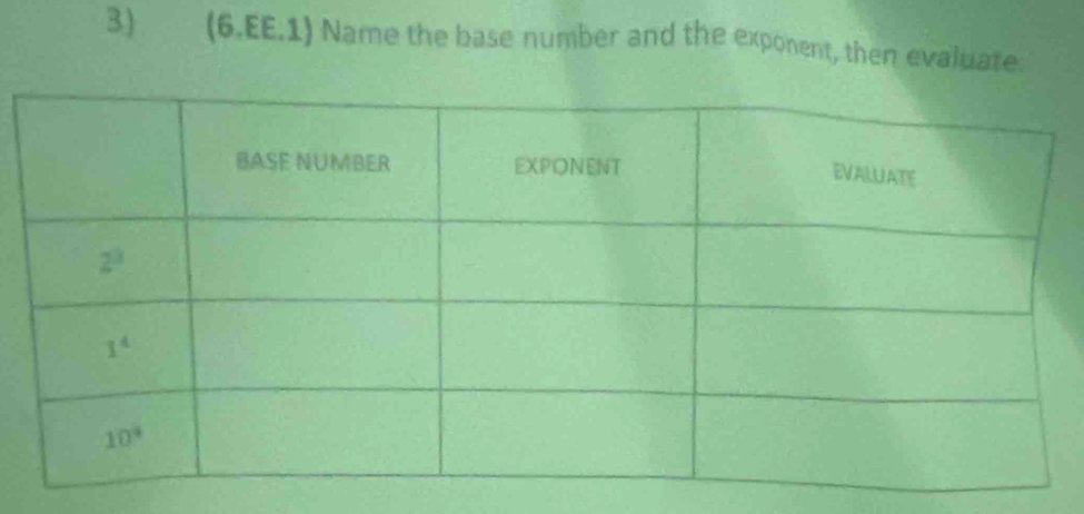 (6.EE.1) Name the base number and the exponent, then evaluate.