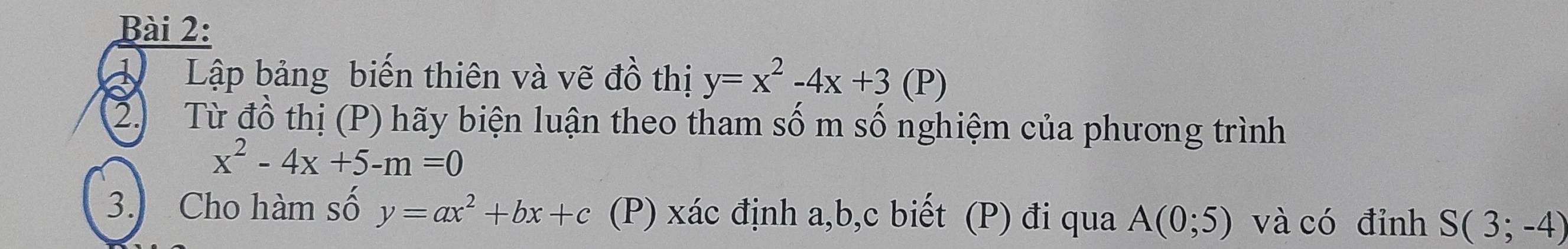 Lập bảng biến thiên và vẽ đồ thị y=x^2-4x+3(P)
2. Từ đồ thị (P) hãy biện luận theo tham số m số nghiệm của phương trình
x^2-4x+5-m=0
3. Cho hàm số y=ax^2+bx+c (P) xác định a, b, c biết (P) đi qua A(0;5) và có đỉnh S(3;-4)