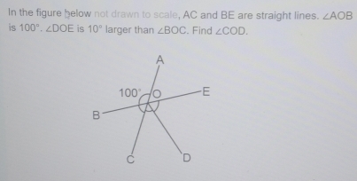 In the figure below not drawn to scale, AC and BE are straight lines. ∠ AOB
is 100°.∠ DOE is 10° larger than ∠ BOC. Find ∠ COD.