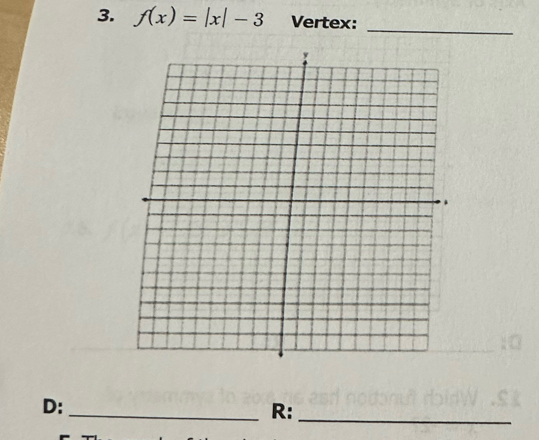 f(x)=|x|-3 Vertex: 
_ 
D:_ 
R:_