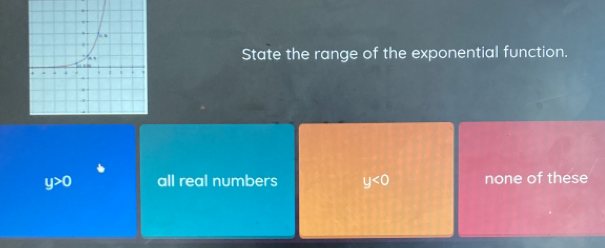 State the range of the exponential function.
y>0 all real numbers y<0</tex> none of these