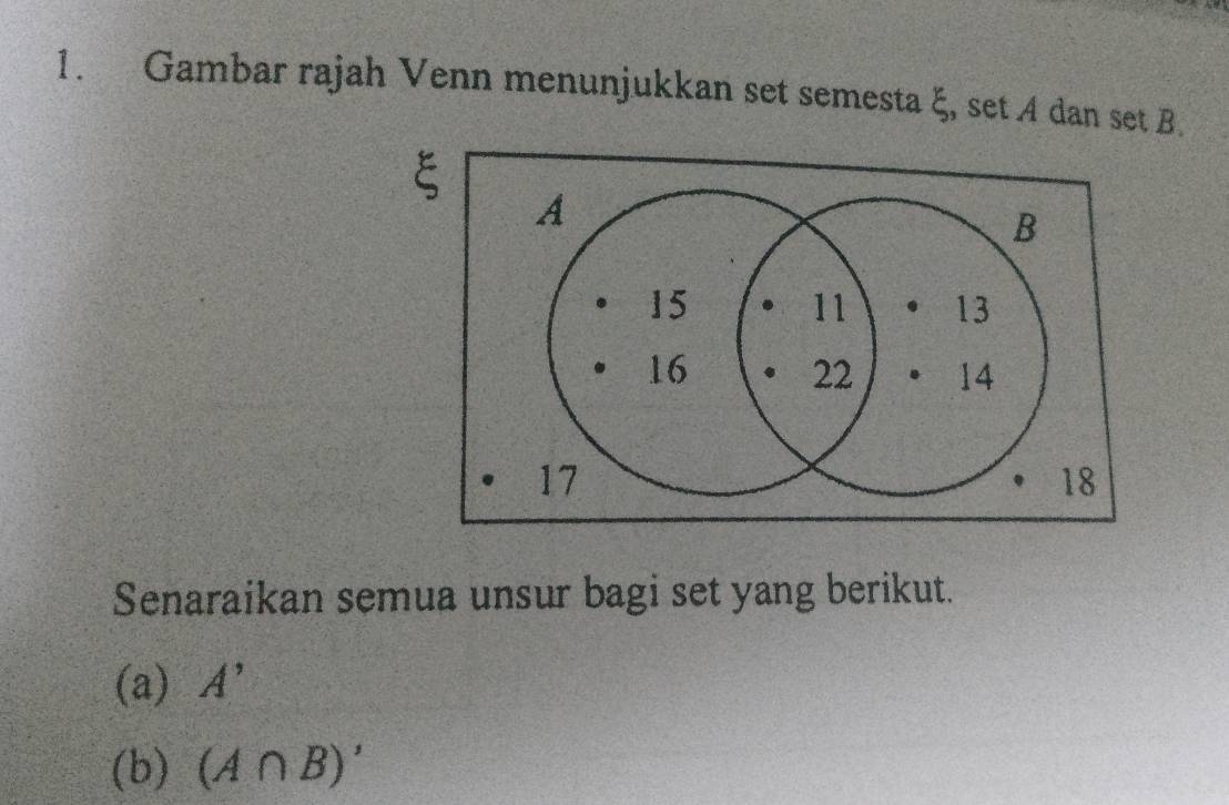 Gambar rajah Venn menunjukkan set semesta 8 set A dan set B.
-2
Senaraikan semua unsur bagi set yang berikut. 
(a) A'
(b) (A∩ B)'