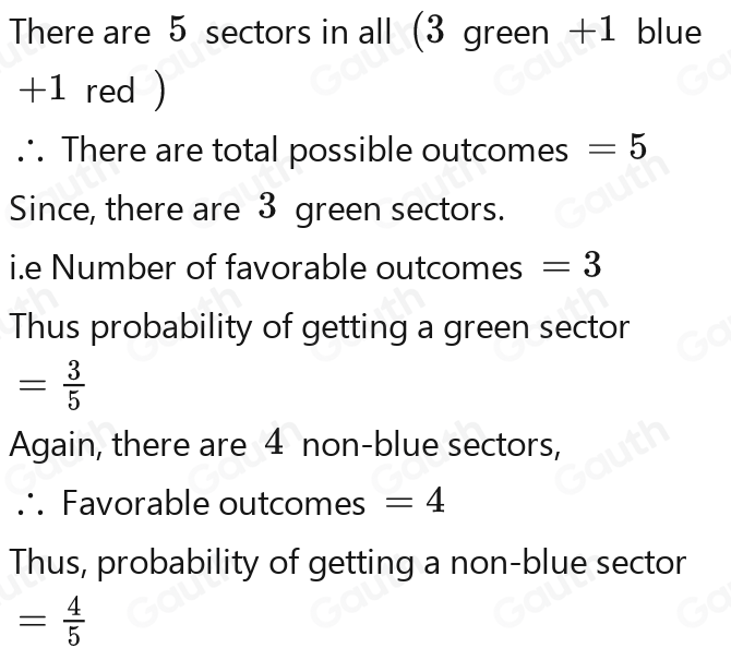 There are 5 sectors in all (3 green +1 blue
+1 red ) 
∴ There are total possible outcomes -5-5-5-5-5-5-5-5
Since, there are 3 green sectors. 
i.e Number of favorable outcomes -3-34- (-3)/4 - (-3)/2 - (-3)/2 
Thus probability of getting a green sector
= 3/5 - 3/5 = 3/5 - 3/5 
Again, there are 4 non-blue sectors, 
Favorable outcomes 4-4-4-4-4
Thus, probability of getting a non-blue sector
= 1/6 - 1/3 - 1/3 - 1/3 