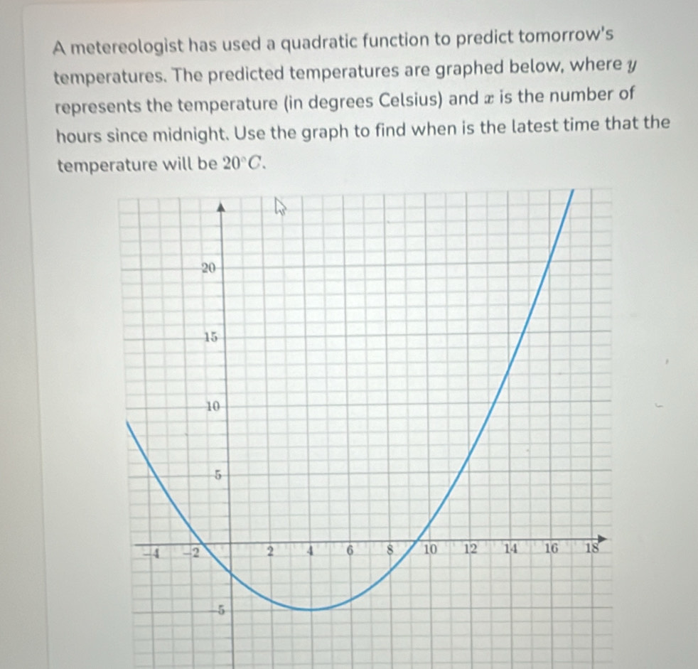 A metereologist has used a quadratic function to predict tomorrow's 
temperatures. The predicted temperatures are graphed below, where y
represents the temperature (in degrees Celsius) and x is the number of
hours since midnight. Use the graph to find when is the latest time that the 
temperature will be 20°C.