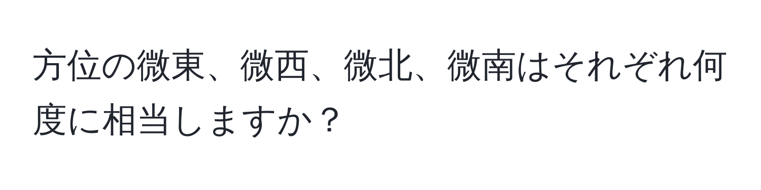 方位の微東、微西、微北、微南はそれぞれ何度に相当しますか？