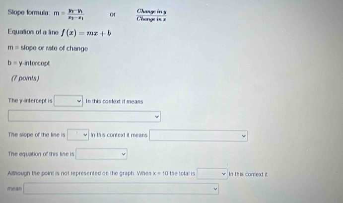 Slope formula: m=frac y_2-y_1x_2-x_1 of  Changein1/Changeinz 
Equation of a line f(x)=mx+b
m= slope or rate of change
b= y-intercept 
(7 points) 
The y-intercept is □ In this context it means 
□  
The slope of the line is □ In this context it means □ 
The equation of this line is □ 
Although the point is not represented on the graph. When x=10 the total is □ In this context it 
mean □