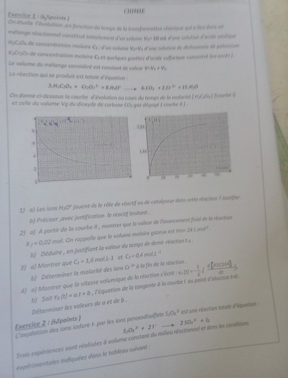 CHIMHE
Exercice 1 : (45points )
On étudie l'évolution , en fonction du temps de la transformation chimique qui a lieu dans un
rélange réactionnel constitué initialement d'un volume V_1=50 mL d'une solution d'acide avilique
H_2C_2O_4 de concentration molaire c_1 : d'un volume V_2=V à d'une solution de dichromate de potatsium
K_2O_2O_7 de concentration molaire Cs et quelques gouttes d'acide sulfurique concentré (en excès .
Le volume du mélange considéré est constant de valeur V=V_1+V_2
La réaction qui se produit est totale d'équation :
3.H_2C_2O_4+Cr_2O_2^((2-)+8.H_3)O^+to 6.CO_2+2.Cr^H+15.H_2O
On donne ci-dessous la courbe d'évolution au cours du temps de la molarité (HA_2O_6] tcourbe 1)
et celle du volume Vg du dioxyde de carbone CO_2 gaz dégagé ( courbe II ) .
1) a) Les ions H_3O^+ jouent-ils le rôle de réactif ou de catalyseur dans cette réaction ? Justifier .
b) Préciser ,avec justification le réactif limitant .
2) a) A partir de la courbe II , montrer que la valeur de l'avancement final de la réaction
X_f=0,02 mol. On rappelle que le volume molaire gazeux est Vm=24Lmol^(-1).
b) Déduire , en justifiant la valeur du temps de demi- réaction t « .
3) a) Montrer que C_1=1,6mol.L-1 et C_2=0,4mol.L^(-1)
b) Déterminer la molarité des lons Cr^(3+)b la fin de la réaction .
4) a) Montrer que la vitesse volumique de la réaction s'écrit : v_v(t)=- 1/3 ,( d[H2C2O4]/dt )_t
b) Soit Y_0(t)=a.t+b , l'équation de la tangente à la courbe 1 au paint d'abscisse t=0 .
Déterminer les valeurs de a et de b .
L'oxydation des ions iodure I- par les ions peroxodisulfate S_2O_8^(2 est une réaction totale d'équation :
Exercice 2 : (45points )
Trois expériences sont réalisées à volume constant du milieu réactionnel et dans les conditions S_2)O_8^((2-)+2I^-)to 2SO_4^((2-)+I_2)
érimentales indiquées dans le tableau suivant :