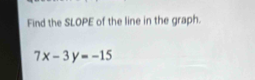 Find the SLOPE of the line in the graph.
7x-3y=-15