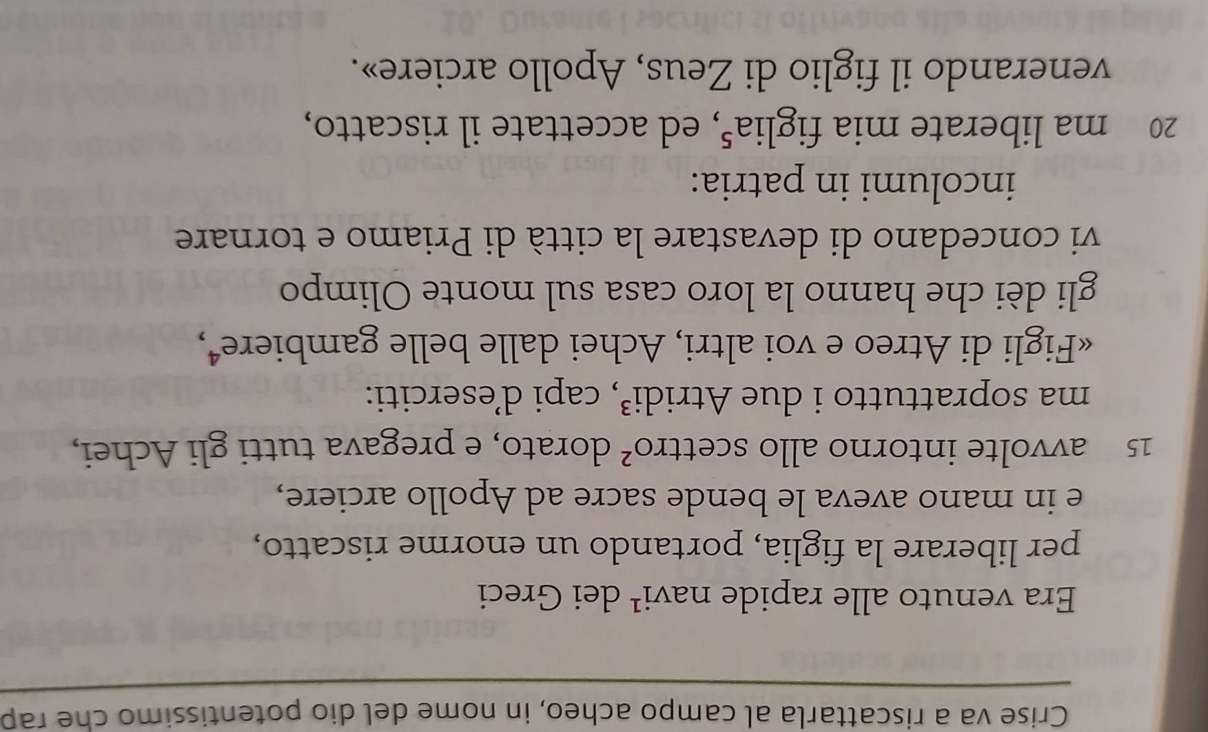 Crise va a riscattarla al campo acheo, in nome del dio potentissimo che rap 
Era venuto alle rapide nav 1 dei Greci 
per liberare la figlia, portando un enorme riscatto, 
e in mano aveva le bende sacre ad Apollo arciere, 
15 avvolte intorno allo scettr O^2 dorato, e pregava tutti gli Achei, 
ma soprattutto i due Atridi³, capi d’eserciti: 
«Figli di Atreo e voi altri, Achei dalle belle gambiere⁴, 
gli dèi che hanno la loro casa sul monte Olimpo 
vi concedano di devastare la città di Priamo e tornare 
incolumi in patria: 
20 ma liberate mia figlia⁵, ed accettate il riscatto, 
venerando il figlio di Zeus, Apollo arciere».