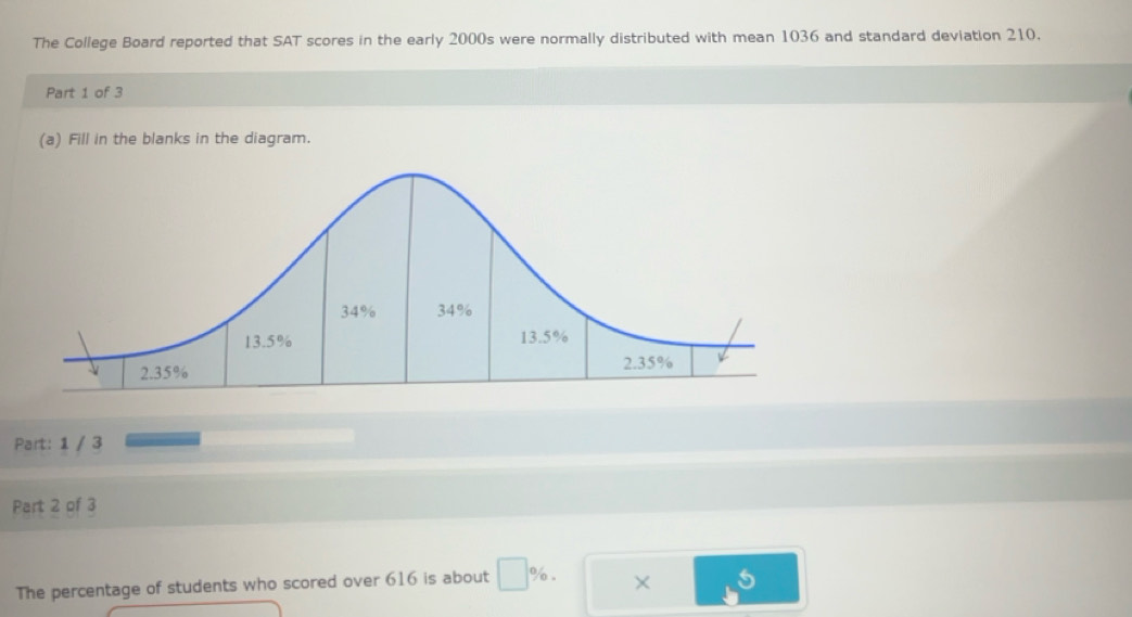 The College Board reported that SAT scores in the early 2000s were normally distributed with mean 1036 and standard deviation 210. 
Part 1 of 3 
(a) Fill in the blanks in the diagram. 
Part: 1 / 3 
Part 2 of 3 
The percentage of students who scored over 616 is about □ %.
5