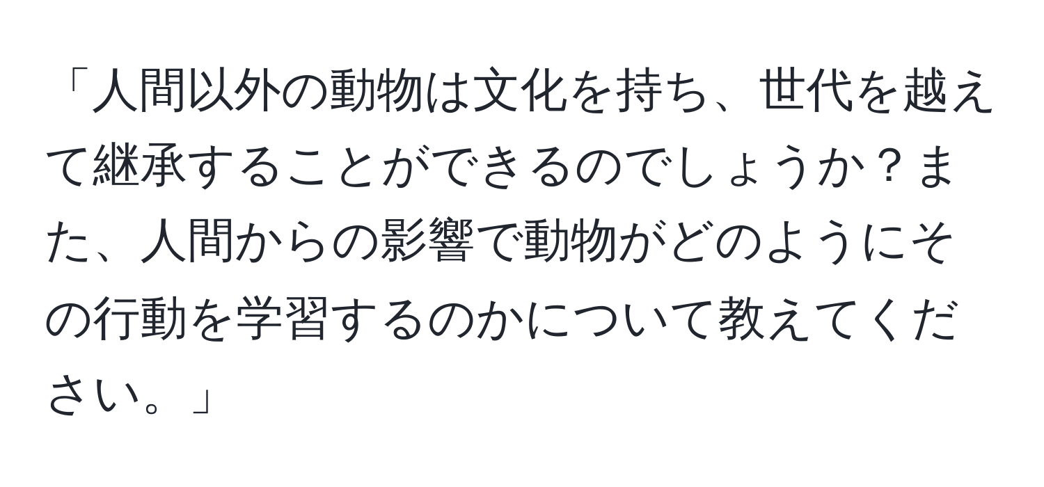 「人間以外の動物は文化を持ち、世代を越えて継承することができるのでしょうか？また、人間からの影響で動物がどのようにその行動を学習するのかについて教えてください。」