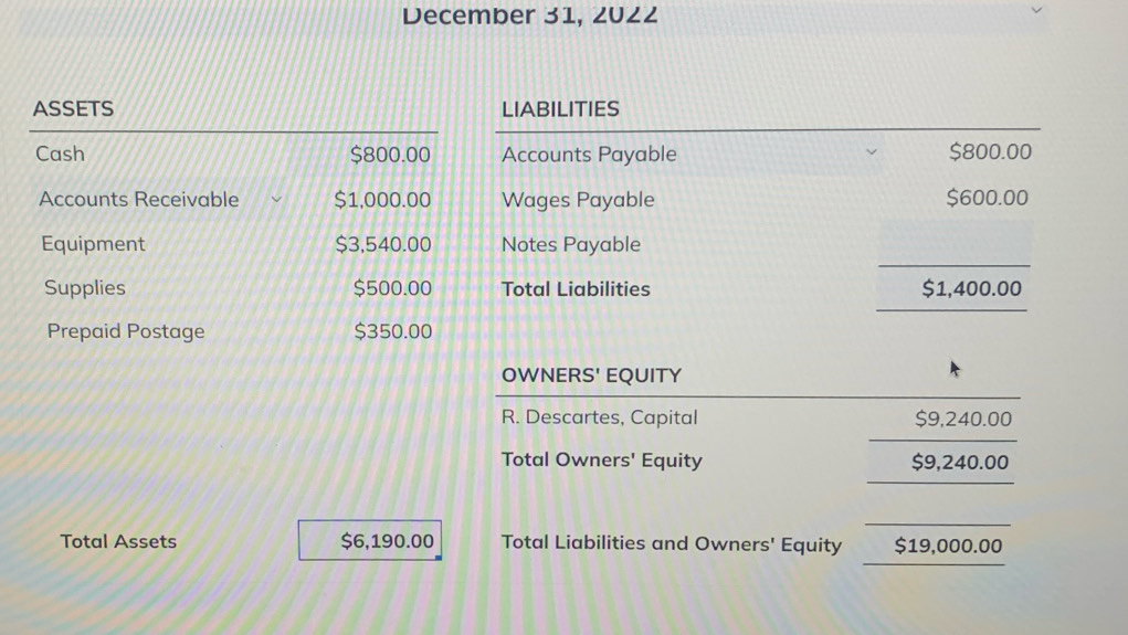 December 31, 2022 
ASSETS LIABILITIES 
Cash $800.00 Accounts Payable $800.00
Accounts Receivable $1,000.00 Wages Payable $600.00
Equipment $3,540.00 Notes Payable 
Supplies $500.00 Total Liabilities $1,400.00
Prepaid Postage $350.00
OWNERS' EQUITY 
R. Descartes, Capital $9,240.00
_ 
Total Owners' Equity $9,240.00
_ 
Total Assets $6,190.00 Total Liabilities and Owners' Equity $19,000.00