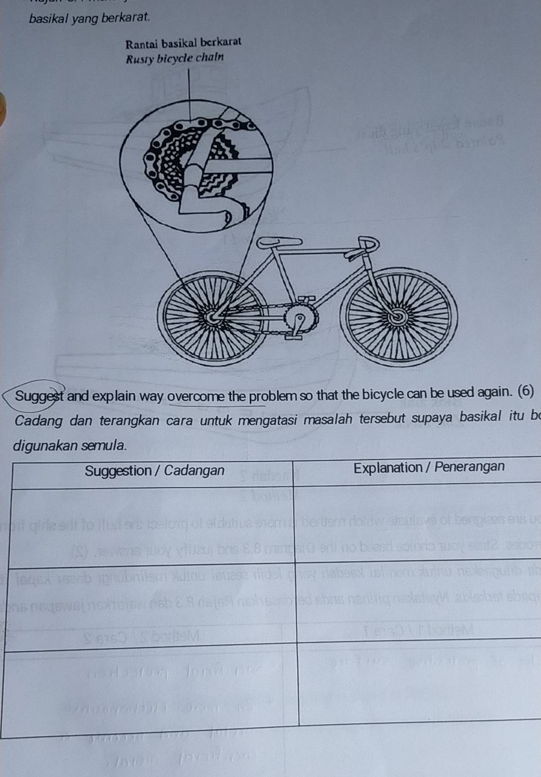 basikal yang berkarat. 
Suggest and explain way overcome the problem so that the bicycle can be used again. (6) 
Cadang dan terangkan cara untuk mengatasi masalah tersebut supaya basikal itu bo 
d