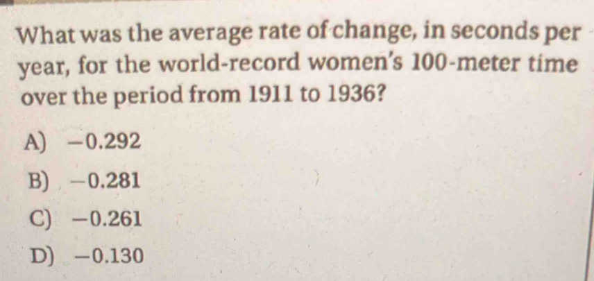 What was the average rate of change, in seconds per
year, for the world-record women's 100-meter time
over the period from 1911 to 1936?
A) -0.292
B) −0.281
C) -0.261
D -0.130