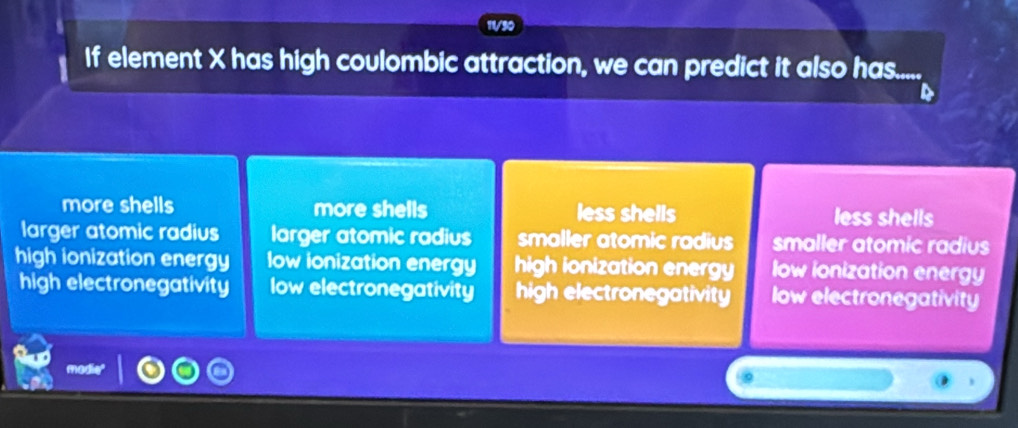 11/30
If element X has high coulombic attraction, we can predict it also has.....
more shells more shells less shells less shells
larger atomic radius larger atomic radius smaller atomic radius smaller atomic radius
high ionization energy low ionization energy high ionization energy low ionization energy
high electronegativity low electronegativity high electronegativity low electronegativity