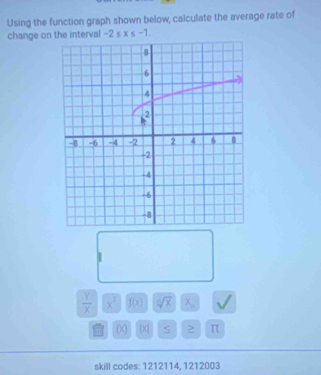 Using the function graph shown below, calculate the average rate of 
change on the interval -2≤ x≤ -1.
 Y/X  x^2 f(x) sqrt[n](x) X_n
(x) S π 
skill codes: 1212114, 1212003