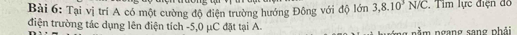 Tại vị trí A có một cường độ điện trường hướng Đông với độ lớn 3, 8.10^3N/C Tìm lực điện đỏ 
điện trường tác dụng lên điện tích -5,0 μC đặt tại A. 
ng nằm ngang sang phải