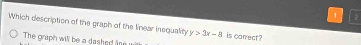 1 2 
Which description of the graph of the linear inequality y>3x-8 is correct? 
The graph will be a dashed line wit