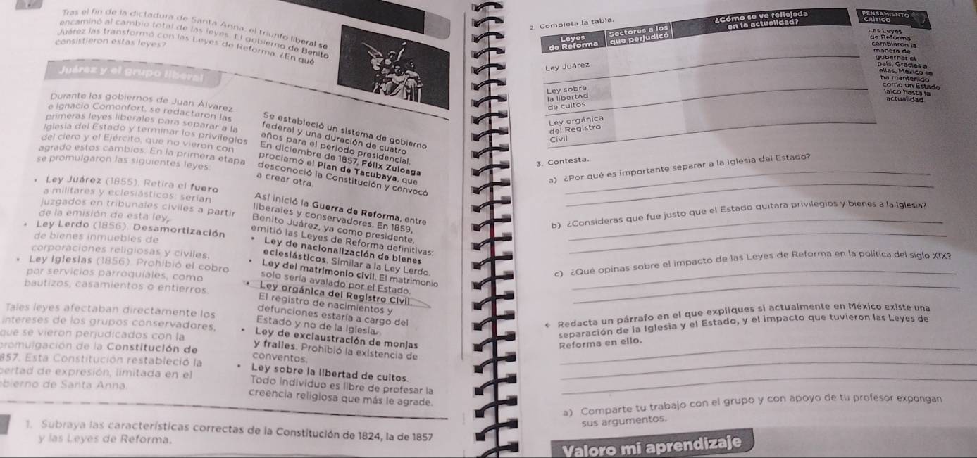 Tras el fin de la dictadura de Santá Anna, el triunío liberal se
encaminó al cambio total de las leyés. El gobierno de Benite
consistieron estas leyes
Juárez las transformó con las Leyes de Reforma. ¿En que
Juárez y el grupo liberal
Durante los gobiernos de Juan Álvarez
primeras leyes liberales para separar a la
e ignacio Comonfort, se redactaron las Se estableció un sistema de gobierno
Iglesia del Estado y terminar los privilegios
Tederal y una duración de cuatro
del ciera y el Ejército, que no vieron con
años para el periodo presidencial
agrado estos cambios. En la primera etapa
En diciembre de 1857, Félix Zuloaga
3. Con
prociamó el Plan de Tacubaya, que
a crear otra.
a) ¿Por qué es importante separar a la Igl
se promulgaron las siguientes leyes desconoció la Constitución y convocó__
Ley Juárez (1855), Retira el fuero
a militares y eclesiásticos: serían
juzgados en tribunales civiles a partir
Así inició la Guerra de Reforma, entre
de la emisión de esta ley
liberales y conservadores. En 1859,
_
b) ¿Consideras que fue justo que el Estado quitara privilegios y bienes a la Iglesia?
Ley Lerdo (1856). Desamortización
Benito Juárez, ya como presidente,
de biénes inmuebles de
emitió las Leyes de Reforma definitivas:_
corporaciones religiosas y civiles.
Ley de nacionalización de bienes
ecleslásticos. Similar a la Ley Lerdo
* Ley Igleslas (1856). Prohibió el cobro
c) ¿Qué opinas sobre el impacto de las Leyes de Reforma en la política del siglo XIX?
_
Ley del matrimonlo cIvII. El matrimonio_
por servicios parroquíales, como
solo sería avalado por el Estado.
bautizos, casamientos o entierros.
Ley orgánica del Registro Civil.
El registro de nacimientos y
Tales leyes afectaban directamente los
defunciones estaría a cargo del
intereses de los grupos conservadores,
Estado y no de la Iglesia
* Redacta un párrafo en el que expliques si actualmente en México existe una
que se vierón perjudicados con la
separación de la Iglesia y el Estado, y el impacto que tuvieron las Leyes de
Ley de exciaustración de monjas
Reforma en ello.
y fralles. Prohibió la existencia de
promulgación de la Constitución de conventos.
857. Esta Constitución restableció la Ley sobre la libertad de cultos_
pertad de expresión, limitada en el Todo individuo es libre de profesar la_
birno de Santa Anna. creencia religiosa que más le agrade.
a) Comparte tu trabajo con el grupo y con apoyo de tu profesor expongan
sus argumentos.
1. Subraya las características correctas de la Constitución de 1824, la de 1857
y las Leyes de Reforma.
Valoro mi aprendizaje