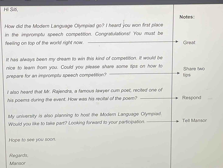 Hi Siti, 
Notes: 
How did the Modern Language Olympiad go? I heard ÿou won first place 
in the impromptu speech competition. Congratulations! You must be 
feeling on top of the world right now. Great 
It has always been my dream to win this kind of competition. It would be 
nice to learn from you. Could you please share some tips on how to Share two 
prepare for an impromptu speech competition? tips 
I also heard that Mr. Rajendra, a famous lawyer cum poet, recited one of 
his poems during the event. How was his recital of the poem? Respond 
My university is also planning to host the Modern Language Olympiad. 
Would you like to take part? Looking forward to your participation. Tell Mansor 
Hope to see you soon. 
Regards, 
Mansor