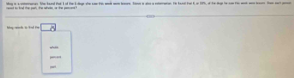 Meg is a vetermaran. She found that 1 of the 5 dogs she saw this week were boxers. Steve is also a veternarian. He found that 4, or 3%, of the dogs her saw this week were bosers. Does each peson
need to find the part, the whote, or the percent?
Mey needs to lind the boxed 6
while
percent
part.