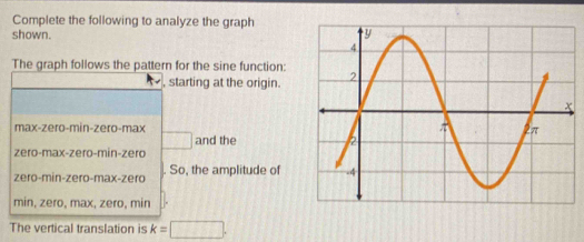 Complete the following to analyze the graph
shown. 
The graph follows the pattern for the sine function:
, starting at the origin.
max-zero-min-zero-max and the 
□
zero-max-zero-min-zero
zero-min-zero-max-zero So, the amplitude of
min, zero, max, zero, min
The vertical translation is k=□.