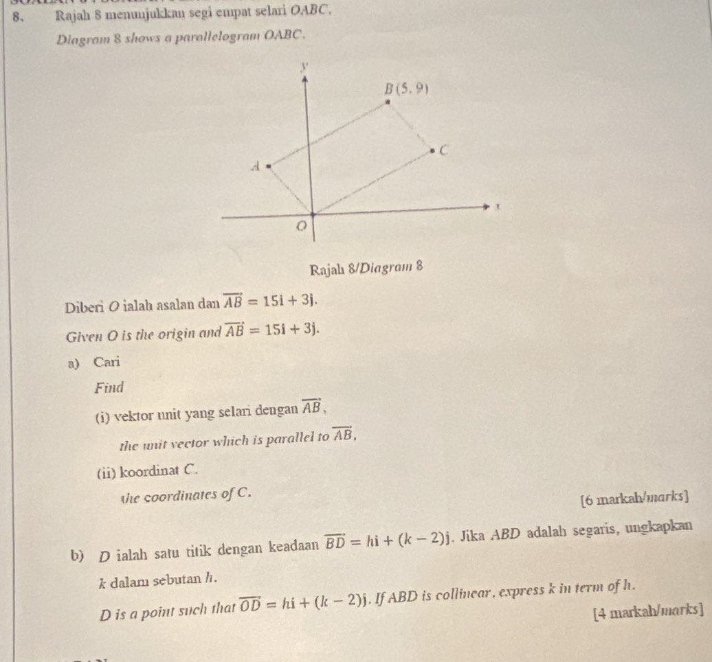 Rajah 8 menunjukkan segi empat selari OABC.
Diagram & shows a parallelogram OABC.
Rajahı 8/Diagram 8
Diberi O ialah asalan dan vector AB=15i+3j.
Given O is the origin and vector AB=15i+3j.
a) Cari
Find
(i) vektor unit yang selari dengan vector AB,
the unit vector which is parallel to vector AB,
(ii) koordinat C.
the coordinates of C.
[6 markah/mɑrks]
b) D ialah satu titik dengan keadaan vector BD=hi+(k-2)j. Jika ABD adalah segaris, ungkapkan
k dalam sebutan h.
D is a point such that vector OD=hi+(k-2)j. If ABD is collincar, express k in term of h.
[4 markah/marks]