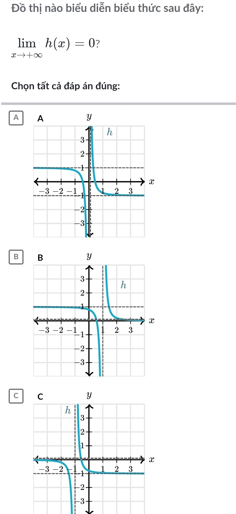 Đồ thị nào biểu diễn biểu thức sau đây:
limlimits _xto +∈fty h(x)=0 ?
Chọn tất cả đáp án đúng:
A
B
C