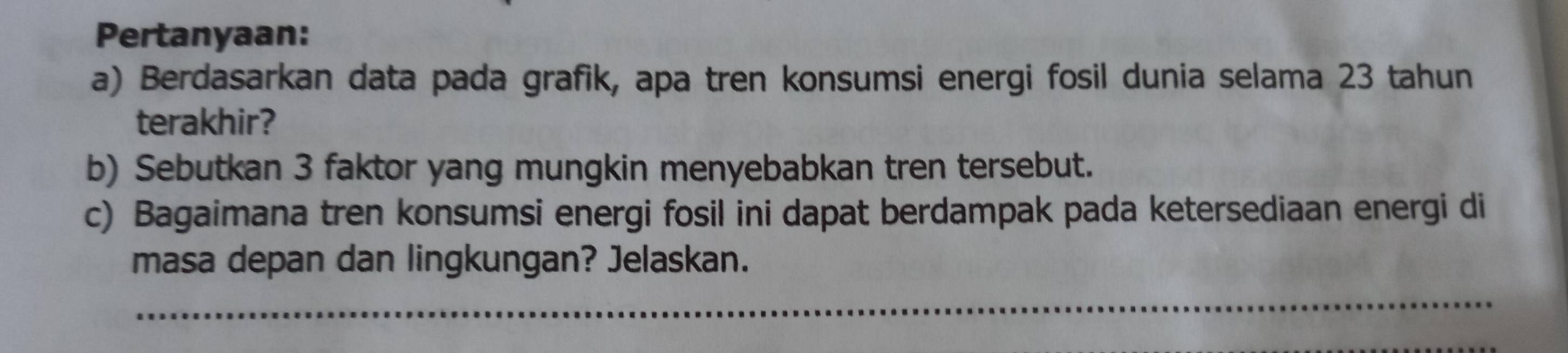 Pertanyaan: 
a) Berdasarkan data pada grafik, apa tren konsumsi energi fosil dunia selama 23 tahun 
terakhir? 
b) Sebutkan 3 faktor yang mungkin menyebabkan tren tersebut. 
c) Bagaimana tren konsumsi energi fosil ini dapat berdampak pada ketersediaan energi di 
masa depan dan lingkungan? Jelaskan. 
_