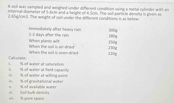 A soil was sampled and weighed under different condition using a metal cylinder with an 
internal diameter of 5.6cm and a height of 4.5cm. The soil particle density is given as
2.65g/cm3. The weight of soil under the different conditions is as below: 
Immediately after heavy rain 300g
1- 2 days after the rain 280g
When plants wilt 250g
When the soil is air-dried 230g
When the soil is oven-dried 220g
Calculate: 
i. % of water at saturation 
ii. % of water at field capacity 
iii. % of water at wilting point 
iv. % of gravitational water 
v. % of available water 
vi. Soil bulk density 
vii. % pore space