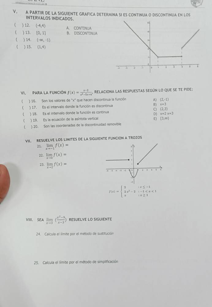 A PARTIR DE LA SIGUIENTE GRAFICA DETERMINA SI ES CONTINUA O DISCONTINUA EN LOS
INTERVALOS INDICADOS.
 ) 12. (-4,4) A. CONTINUA
 ) 13. [0,1] B. DISCONTINUA
 ) 14. (-∈fty ,-1)
 ) 15. (1,4)
VI. PARA LA FUNCIÓN f(x)= (x-2)/x^2-5x+6  , relaciona las respuestas según lo que se te pide:
 ) 16. Son los valores de '' x '' que hacen discontinua la función A) (2,-1)
 ) 17. Es el intervalo donde la función es discontinua B) x=3
C) (2,3)
 ) 18. Es el intervalo donde la función es continua
D) x=2x=3
E)
( ) 19. Es la ecuación de la asíntota vertical [3,∈fty )
 ) 20. Son las coordenadas de la discontinuidad removible
VII. RESUELVE LOS LIMITES DE LA SIGUIENTE FUNCION A TROZOS
21. limlimits _xto -1f(x)=
22. limlimits _xto 0f(x)=
23. limlimits _xto 2f(x)=
f(x)=beginarrayl 2ix≤ -1 2x^2-2i-1
VIII. SEA limlimits _xto 3( (x^2-9)/x-3 ) RESUELVE LO SIGUIENTE
24. Calcula el límite por el método de sustitución
25. Calcula el límite por el método de simplificación