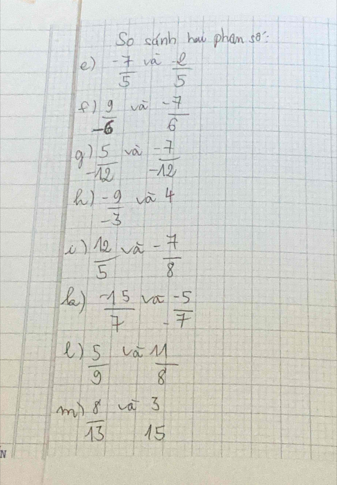 So sanh hal phan se? 
e)  (-7)/5 
va  2/5 
f beginarrayr ) 9/-6  endarray va
 (-7)/6 
a 1 5/12  và
 (-7)/-12 
a)  (-9)/-3  va 4
)  12/5 
va - 7/8 
()  (-15)/7  □° t= (-5)/7 
V 
e)  5/9 lat 11/8 
my  8/13  vat 3
15