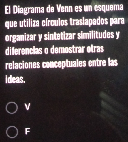 El Diagrama de Venn es un esquema
que utiliza círculos traslapados para
organizar y sintetizar similitudes y
diferencias o demostrar otras
relaciones conceptuales entre las
ideas.
F