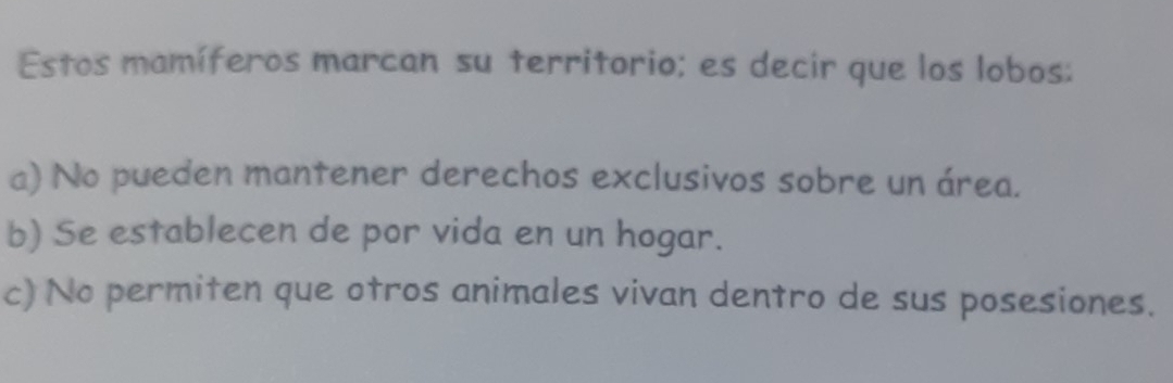 Estos mamíferos marcan su territorio; es decir que los lobos:
a) No pueden mantener derechos exclusivos sobre un área.
b) Se establecen de por vida en un hogar.
c) No permiten que otros animales vivan dentro de sus posesiones.