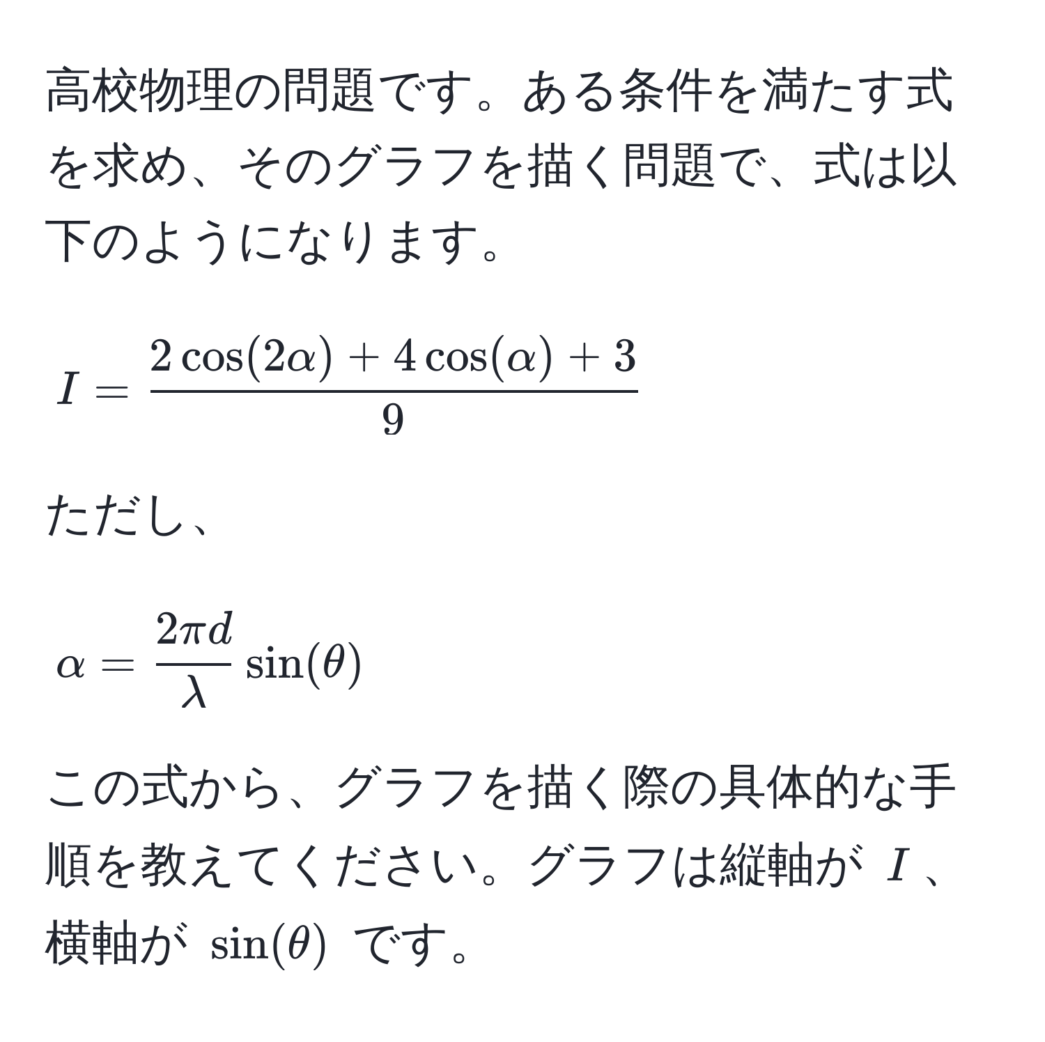 高校物理の問題です。ある条件を満たす式を求め、そのグラフを描く問題で、式は以下のようになります。  
[ I =  (2cos(2alpha)+4cos(alpha)+3)/9  ]  
ただし、  
[ alpha =  2π d/lambda sin(θ) ]  
この式から、グラフを描く際の具体的な手順を教えてください。グラフは縦軸が ( I )、横軸が ( sin(θ) ) です。