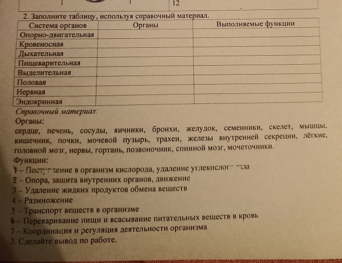 12
Сηравочный материаι:
Opганы:
сердце, лечень, сосуды, яичники, бронхи, желудок, семенники, скелет, мышцы,
кишечник, лочки, мочевой πузырь, трахеи, железы внутренней секреции, лёгкие,
головной мозг, нервы, гортань, лозвоночник, спинной мозг, мочеточники.
Φункции:
1 - !остурление в организм кислородае улаление углекислога газа
 - Олора, зашлита внутренних органов, движение
3 - Улдаление жидких лродуктов обмена вешιеств
4 - Размножение
5 - Транспорт вешеств в организме
6 - Переваривание лиши и всасьвание питательньх вешеств в кровь
7 - Координация и регуляция деятельности организма
3. Сделайте вывод по работе.