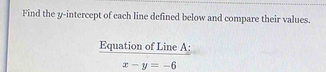 Find the y-intercept of each line defined below and compare their values. 
Equation of Line A :
x-y=-6