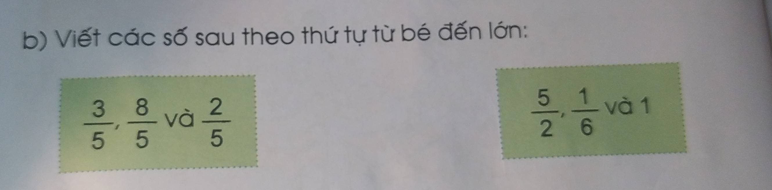Viết các số sau theo thứ tự từ bé đến lớn:
 3/5 ,  8/5  và  2/5   5/2 ,  1/6  và 1