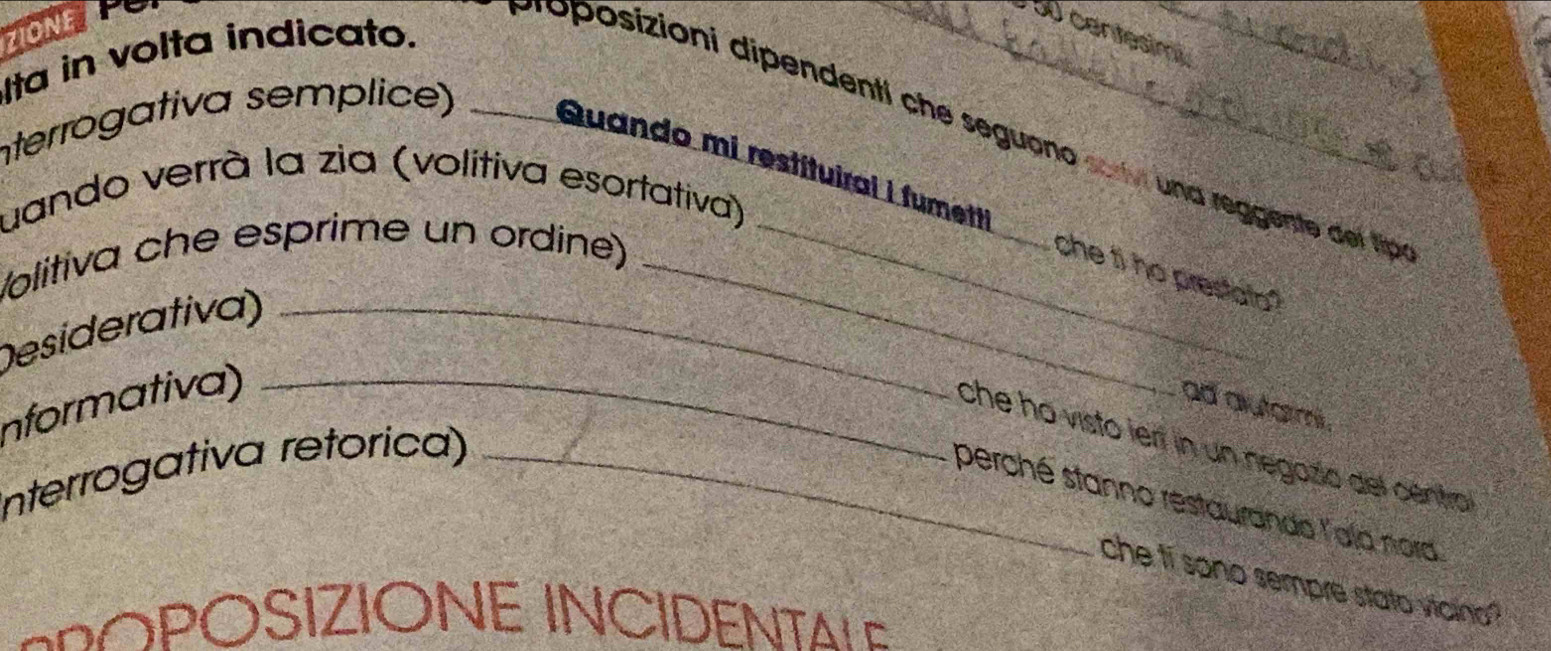 ZIONETE _ 50 centesim
Ita in volta indicato. 
proposizioni dipendenti che seguano sortv una reggente de tp 
nterrogativa semplice) Quando mi restituiral i fumetti 
uando verrà la zia (volitiva esortativa) 
Volitiva che esprime un ordine)__ 
che ti ho prestato? 
Desiderativa)_ 
nformativa) _ad alutarmt . 
che ho visto lerí in un negozío del centro 
Interrogativa retorica)_ 
perché stanno restaurando l'ala nora 
che ti sono sempre stato vicino? 
P OPOSIZIONE INCIDENTAL E